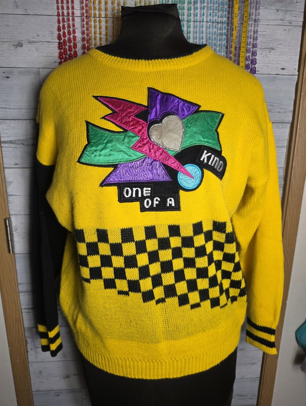 Vtg 80's Yellow & Black One-Of-A-Kind Checker Knit Sweater Memphis Design Post